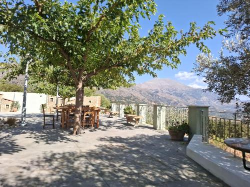 a patio with a table and a tree at Aravanes in Thrónos