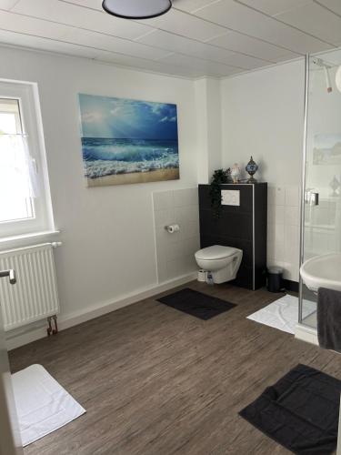a bathroom with a shower and a toilet and a sink at Auszeit in Melsungen