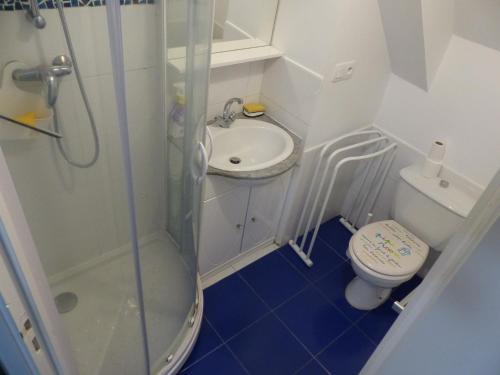 a bathroom with a shower and a toilet and a sink at Maison familiale Villa Eolie, 10mn de la mer en voiture in Tregueux