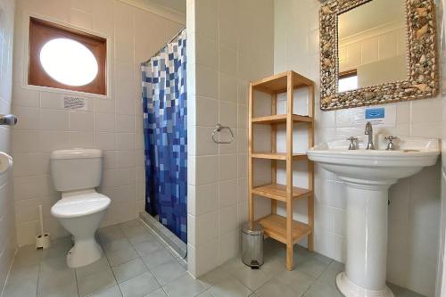 a bathroom with a sink and a toilet and a mirror at Saltys Amity Point in Amity Point