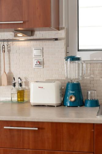 a kitchen counter with a food processor and a blender at Captain's Corner in Markopoulo