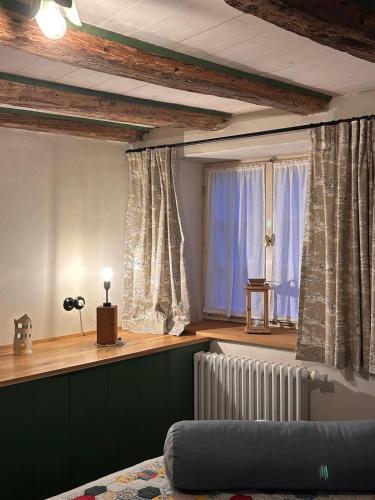 a living room with a radiator and two windows at Romantisches Dinkelsbühler Altstadthäuschen inklusive Badewanne in Dinkelsbühl