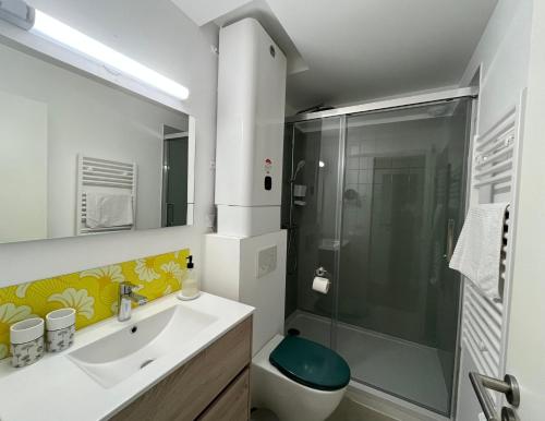 a bathroom with a toilet and a sink and a shower at Les jardins de la Méditerranée in Six-Fours-les-Plages