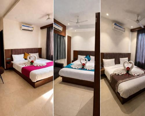 two pictures of a bedroom with two beds at Hotel maharaja in Udaipur