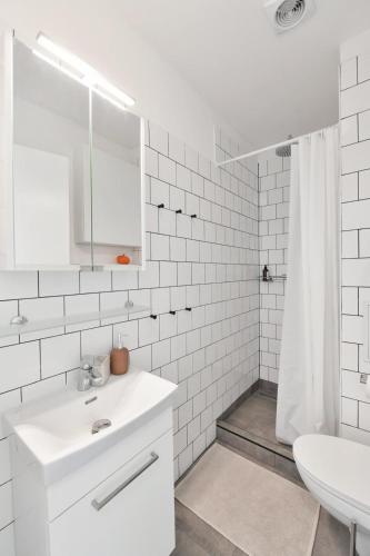 a white bathroom with a sink and a toilet at Apartmán Kolonáda in Poděbrady