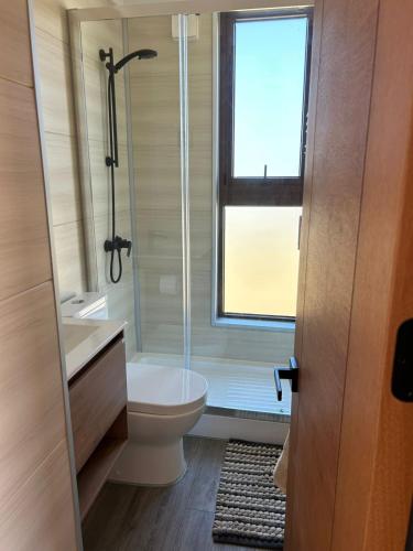 a bathroom with a shower and a toilet and a window at Tiny House en parcela de Puerto Varas in Puerto Varas