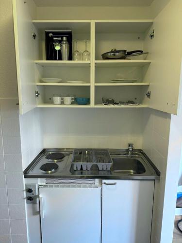 a small kitchen with a stove and a sink at Studio chic et élégant avec Wi-Fi et Smart TV in Lausanne