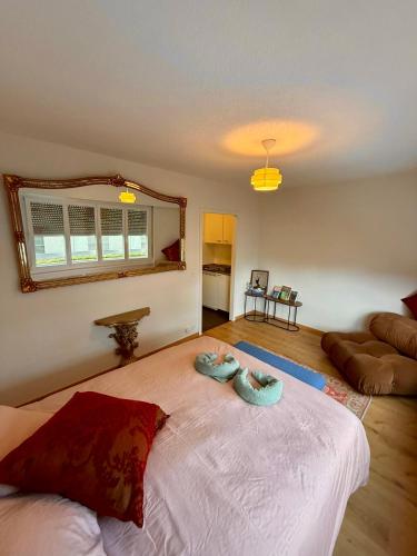 a bedroom with a large bed with two pillows on it at Studio chic et élégant avec Wi-Fi et Smart TV in Lausanne