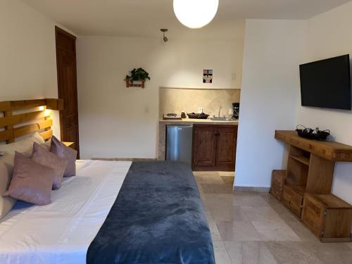a bedroom with a large bed and a kitchen at Casa Luminara in Guanajuato