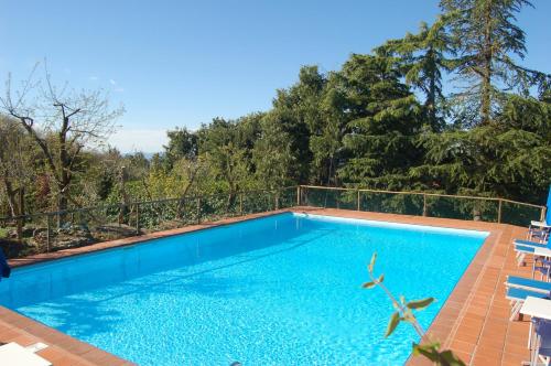 a swimming pool with blue water and trees at Hotel Colle Etrusco Salivolpi in Castellina in Chianti