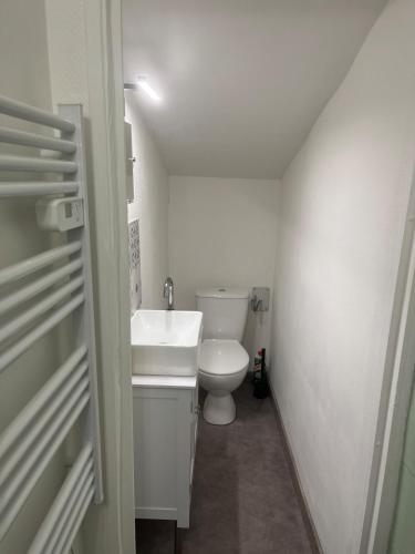 a white bathroom with a toilet and a sink at Cocon de Tonnerre in Tonnerre