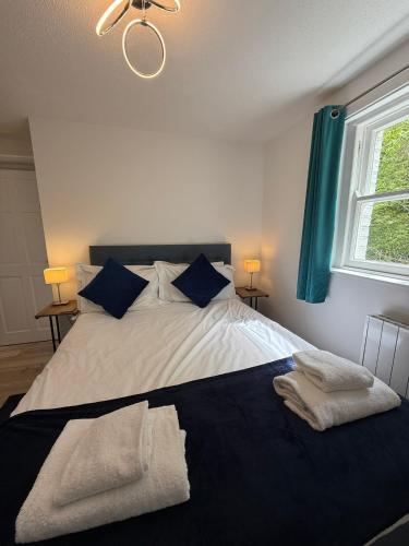 a bedroom with a white bed with blue pillows and a window at The Ship Inn's Cabin in Gatehouse of Fleet