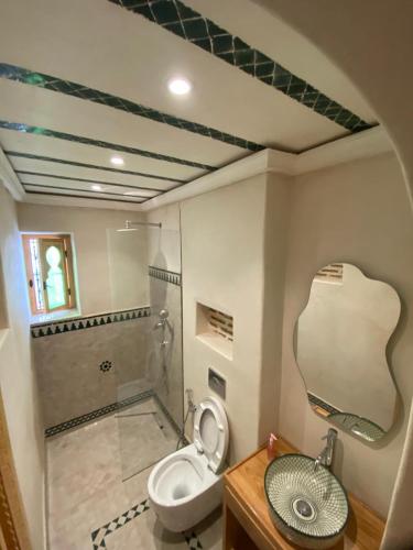 a bathroom with a toilet and a sink and a shower at Riad Nassar in Chefchaouen