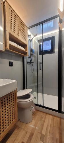 a bathroom with a toilet and a glass shower at SEA & SOUL SUITe in El Puerto de Santa María