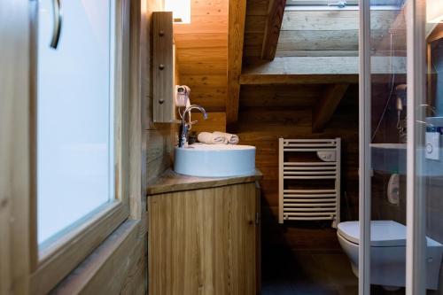 a bathroom with a sink and a toilet at CHALET EVEREST Les CHALETS D'HINOUKA SERRE CHEVALIER-CHANTEMERLE 200 m des pistes in Saint-Chaffrey