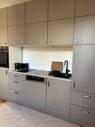 a kitchen with white cabinets and a sink at MainApartment 1A in Margetshöchheim