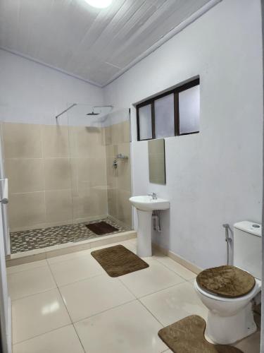 a bathroom with a shower and a toilet and a sink at Mon Desir Estate - NR3 in Pietermaritzburg