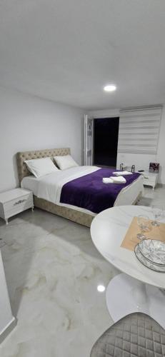 a bedroom with a large bed and a table at Airport Apartment Masa in Mitrovići