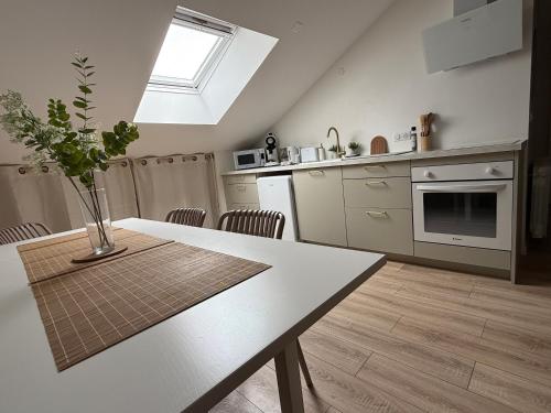 a kitchen with a table with a vase on it at Petite Merveille sous les toits - Centre de Dijon in Dijon