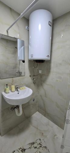 a bathroom with a white sink and a mirror at Airport Apartment Masa in Mitrovići