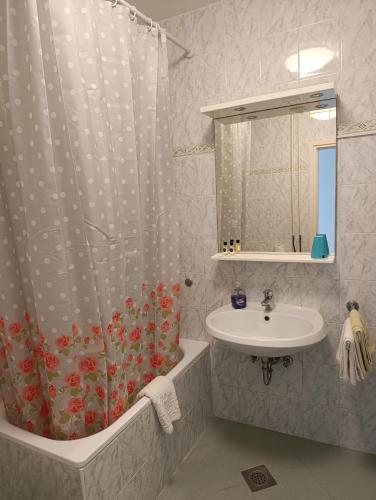 a bathroom with a shower curtain and a sink at Apartments & Rooms Karmen in Portorož
