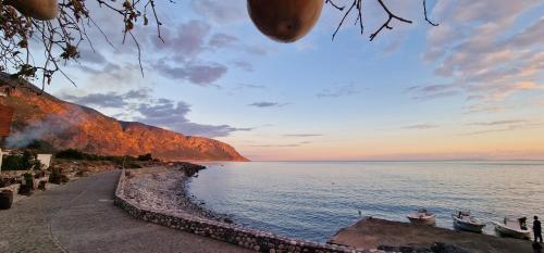 a view of the ocean with boats on the shore at Paralia Hotel & Taverna in Agia Roumeli