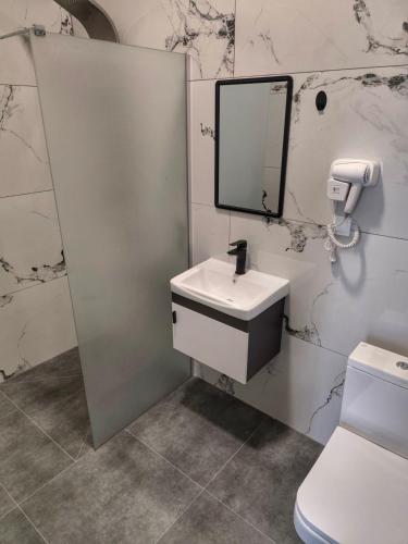 a bathroom with a sink and a mirror on the wall at Golden Guesthouse in Resen