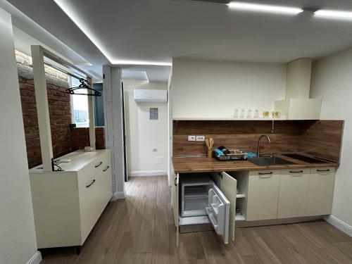 a kitchen with a sink and a counter top at The Bearded Dad Hostel in Tirana