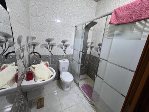 a bathroom with a toilet and a sink and a shower at Rabab3a Hotel in Ajloun