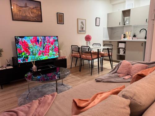 a living room with a couch and a tv and a table at Le nid des étoiles - Tram & Centre in Dijon