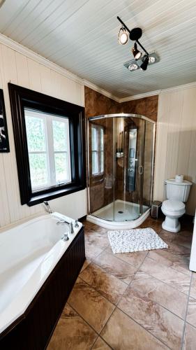 a bathroom with a tub and a shower and a toilet at La Suite du Havre in Saint-Charles-des-Grondines