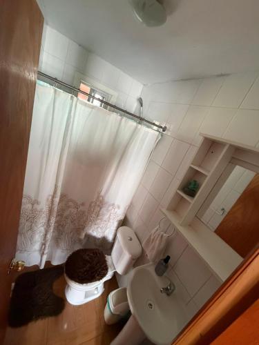 a small bathroom with a toilet and a shower at Cabaña el ricky in Cabrero