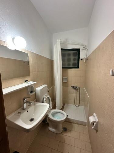 a bathroom with a sink and a toilet and a shower at Hotel TSAPARAS in Alíartos