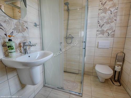 a bathroom with a shower and a sink and a toilet at Agroturystyka U Marty in Trzcinica