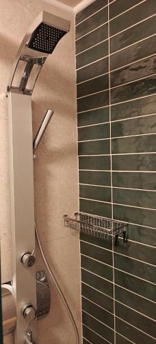 a shower in a bathroom with a glass door at Ellotis Stone Retreat in Áyioi Dhéka