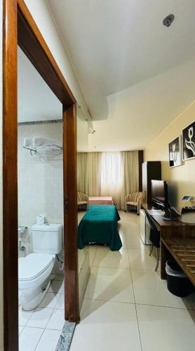 a room with a bathroom with a toilet and a sink at Quarto Mobiliado no Hotel Go Inn Taguatinga com Wi-Fi, Ar Condicionado e Estacionamento Grátis in Brasília