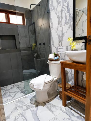 a bathroom with a toilet and a sink and a shower at Hotel Céntrico Tulum in Tulum