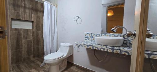a bathroom with a toilet and a sink and a shower at Agena Cabrero in Cartagena de Indias
