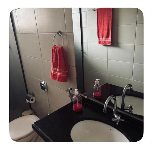 a bathroom with a sink and a toilet and a mirror at Raquel in Londrina
