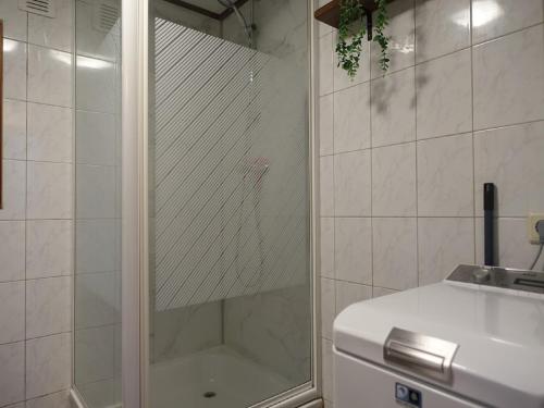 a shower with a glass door in a bathroom at Vechtdal Chalet de Eik in Rheezerveen