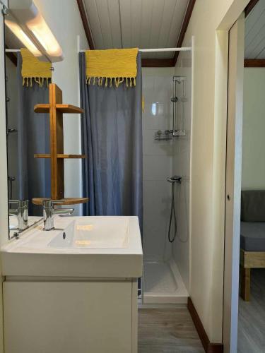 a bathroom with a sink and a shower at Auberge de Poé in Bourail