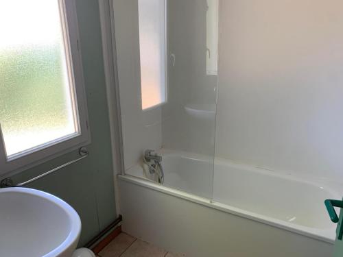 a bathroom with a shower and a toilet and a sink at Cozy Cottage Retreat for Two in Moutiers-sous-Chantemerle