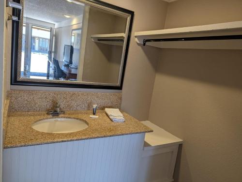 a bathroom with a sink and a mirror at Exceed Inn Indianapolis Airport South in Indianapolis