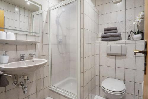 a bathroom with a shower and a toilet and a sink at Paulhuberhof in Chieming