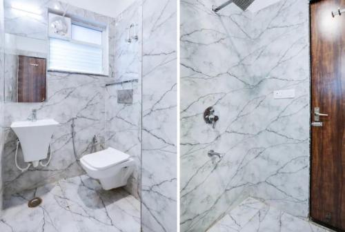 two pictures of a bathroom with a toilet and a shower at Hotel Agam-Railway Station Kota in Tīrath