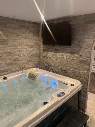 a jacuzzi tub in a room with a television at Le Petit Cocon in Amiens