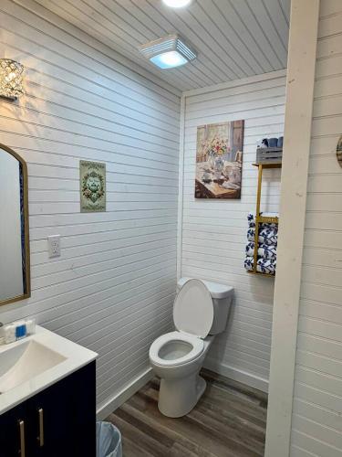 a white bathroom with a toilet and a sink at Romantic Tea Cottage with Deck and Nature in Cape Girardeau