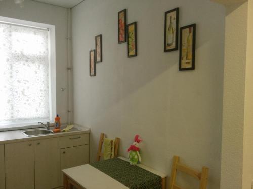 eine Küche mit einem Tisch, einem Waschbecken und einem Fenster in der Unterkunft Apartment Pavlyukhina 100 in Kasan