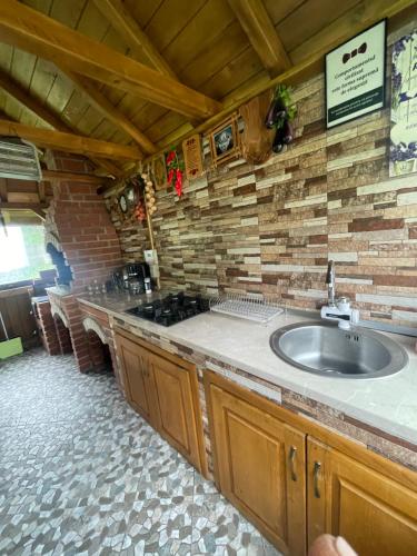 a bathroom with a sink and a brick wall at Casa Edy in Călimăneşti