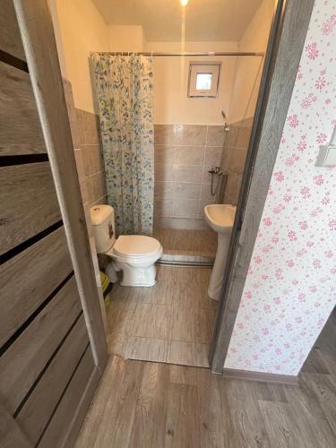 a small bathroom with a toilet and a sink at Prestizh Guest House in Tamchy